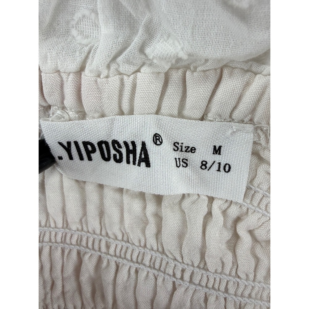R.Yiposha White Swiss Dot Smocked Midi Dress Womens Medium Puff Slve Cottagecore - Picture 2 of 7
